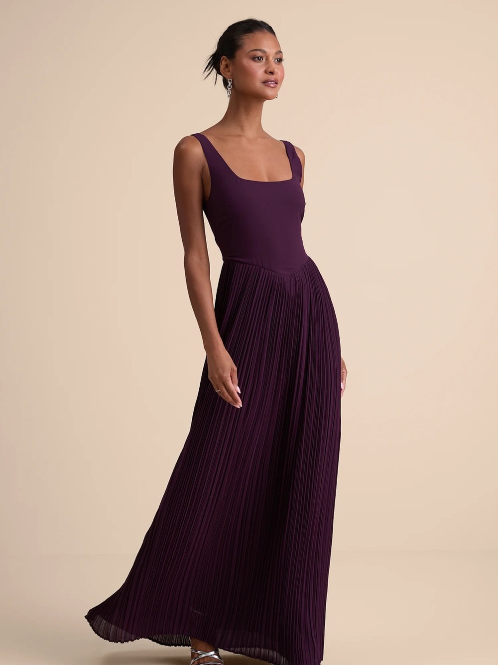 Naroah Plum Purple Square Neck Pleated Maxi Dress- size xs